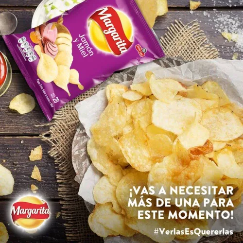 Vista 4 de Papas Margarita (paquete de 24) Papas fritas crujientes sabor pollo y barbacoa Papitas Margarita de Pollo y BBQ mecato Colombiano Bocadillos