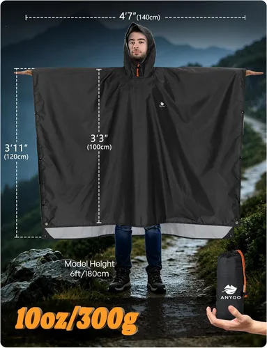 Vista 3 de ANYOO Poncho de lluvia con capucha para adultos impermeable ligero abrigo de lluvia para hombres mujeres chaqueta de lluvia reutilizable para negro