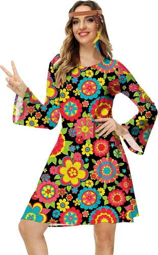Vista 2 de Deerose Disfraz hippie de los años 70 para mujer, vestido retro Go Go Groovy