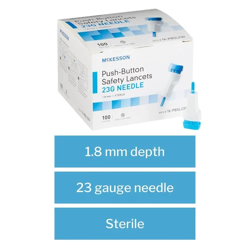 Vista 3 de McKesson 16-PBSL23G - Aguja de seguridad para lanceta de profundidad fija, 0.071 in de profundidad, calibre 23, pulsador (paquete de 100)