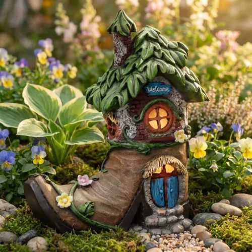 Vista 5 de TERESA'S COLLECTIONS Boot Fairy House - Estatua de jardín de resina con luz