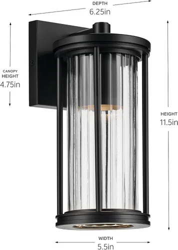 Vista 8 de Kichler Barras 59022BKDS - Aplique de pared aprobado por DarkSky para exteriores de 11.5 pulgadas con cristal acanalado transparente en negro