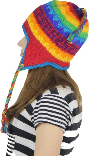 Vista 2 de kayjaystyles Nepal Hand Knit arco iris orejeras Beanie cráneo lana Fleeced de esquí sombrero