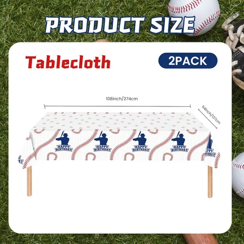 Vista 2 de Paquete de 2 manteles de béisbol de plástico de 54 x 108 pulgadas, decoraciones de fiesta de béisbol, mantel desechable rectangular para mesa
