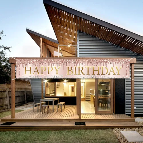 Vista 5 de Cartel de feliz cumpleaños de oro rosa rosa, gran cartel de feliz cumpleaños para patio, suministros de fiesta para mujeres, decoración