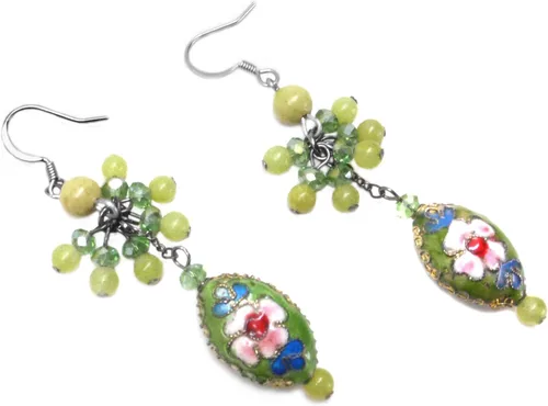 Vista 6 de Lime Green Chinese Cloisonne Enamel Cluster Drop Earrings Pierced or Clip On
