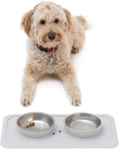 Vista 7 de Ono Good Bowl - Comedero doble para alimentos y agua, tapete de silicona antideslizante para mascotas pequeñas a medianas y cuencos de acero