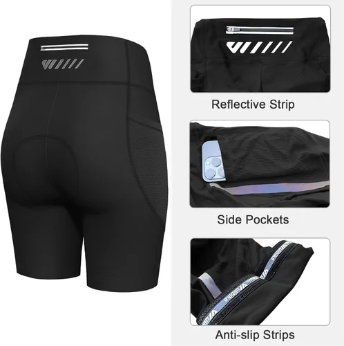 Vista 3 de Lo.gas Pantalones cortos de ciclismo para mujer, acolchados 4D, pantalones cortos de ciclismo con relleno, bolsillos de carretera, cintura ancha