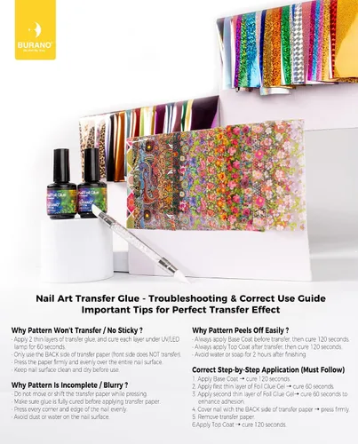 Vista 7 de BURANO Gel de pegamento para arte de uñas, 0.5 onzas líquidas, 2 botellas con 60 calcomanías de láminas, diseño de uñas, arte de transferencia