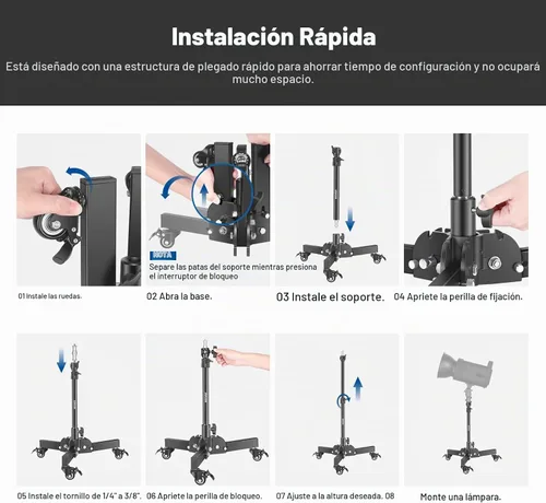 Vista 6 de NEEWER – Soporte de luz resistente con ruedas, 2.4 pies de altura máxima, soporte de trípode plegable para disparos de ángulo bajo/sobre mesa