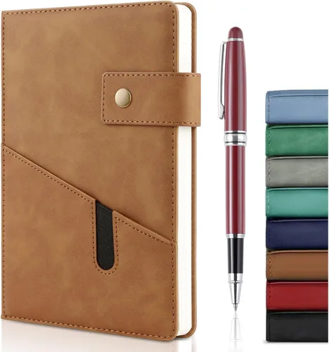 Vista 11 de Cuaderno de cuero A5 con bolígrafo, 200 páginas de tapa dura con bolsillo, diario de papel forrado grueso de 3.53 oz/m² para hombres y mujeres, gran