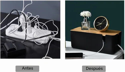 Vista 2 de Changsuo Caja de organización de cables con tapa de bambú, pequeña caja organizadora de cables para cable de extensión, protector de sobretensiones