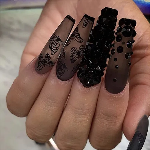 Vista 14 de Uñas postizas a presión de almendra, color rosa degradado medio, con bonito diseño de conejo y gato, uñas postizas de estrella plateada, uñas