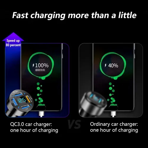 Vista 3 de Cargador de automóvil de 66 W de carga súper rápida con USB 2.4A y QC 3.0 (voltímetro y luces LED), carga rápida universal para enchufe