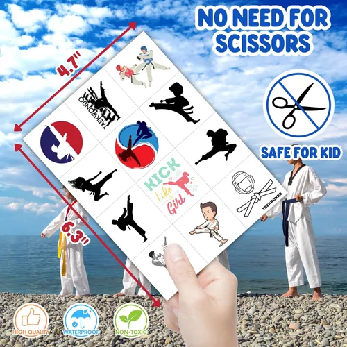 Vista 4 de 96 tatuajes temporales precortados de Taekwondo - Recuerdos de fiesta temática de karate y kung fu, lindos tatuajes falsos para niños, niños