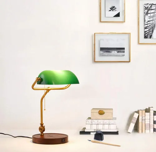 Vista 3 de Hsyile KU300237 Lámpara de mesa retro con interruptor de cuerda con puertos de carga USB, con pantalla de cristal retro verde para sala de estar