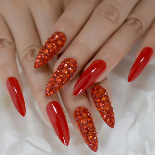 Vista 3 de Juego de 24 uñas postizas extralargas con diamantes de imitación, cobertura completa, juego de uñas postizas puntiagudas para mujer