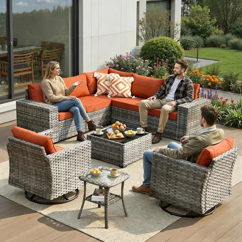 Vista 12 de Juego de muebles de patio de 6 piezas, sofá modular de mimbre para exteriores con mesa auxiliar, cómodos cojines, moderno sofá modular de ratán