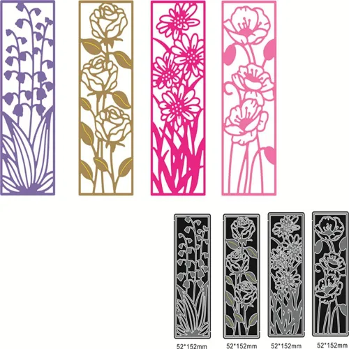 Vista 2 de 4 piezas de plantillas de fondo con forma de flor, plantillas de recorte de metal 3D, plantillas de flores rectangulares, hojas en relieve
