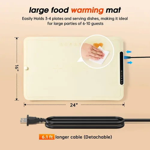 Vista 4 de Tapete de calentamiento para alimentos extra grande: bandejas de calentamiento eléctricas de 24 x 16 pulgadas para fiestas de bufets, calentadores