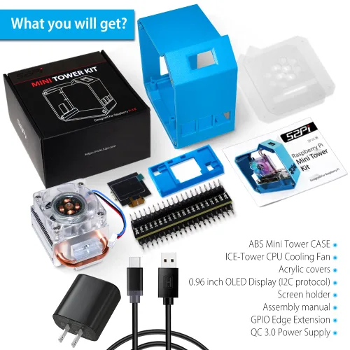 Vista 2 de GeeekPi Kit de mini torre con fuente de alimentación QC3.0 para Raspberry Pi 4, Pi 4 con enfriador de torre ICE, módulo OLED de 0.96 pulgadas