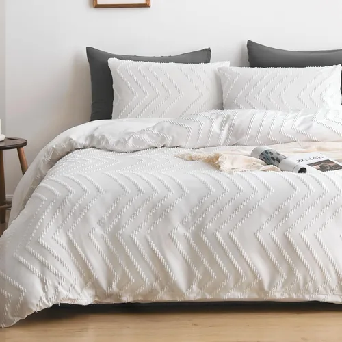 Vista 16 de WARMDERN Juego de funda de edredón a rayas azules, ropa de cama con textura bohemia acolchada con mechones, 2 piezas tamaño Twin de microfibra
