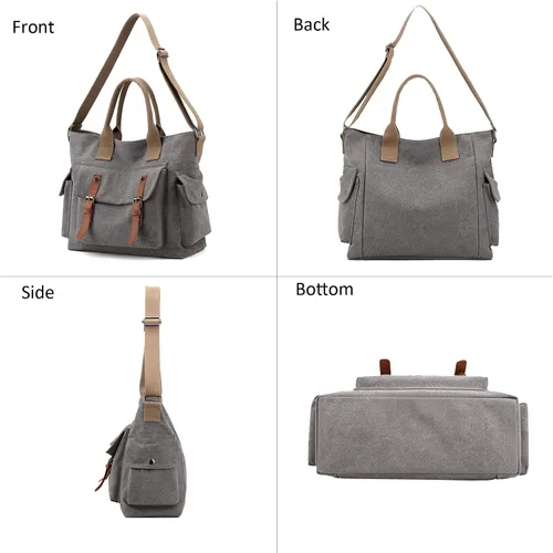 Vista 6 de Bolso bandolera de lona estilo vintage con bolsillos, unisex, tamaño mediano