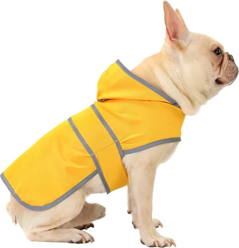 Vista 17 de Impermeable para perros pequeños y cachorros, chaqueta impermeable con capucha con tiras reflectantes, agujero para la correa y poncho de ajuste