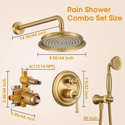Vista 6 de Cabezal de ducha de lluvia con combo de mano, sistema de ducha dorado cepillado con válvula de presión de equilibrio, cabezal de ducha de 9 pulgadas