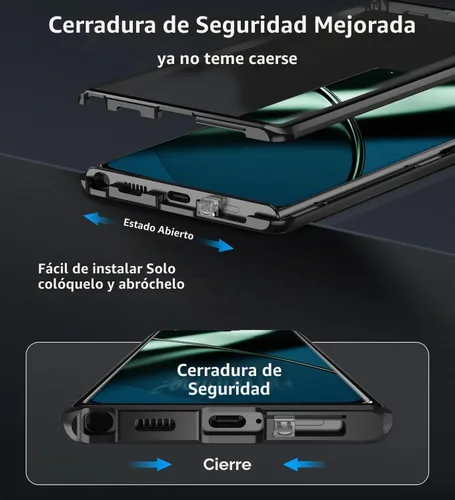 Vista 7 de QUIETIP Funda magnética para Honor Magic 8 Lite/Honor X9d, marco de metal de doble cara cubierta de vidrio templado transparente, negro
