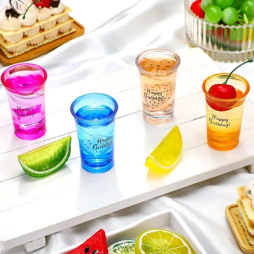 Vista 5 de Hosuly 24 vasos de chupito de feliz cumpleaños a granel de 1.2 onzas divertidas tazas de acrílico colorido para mujeres, hombres y adultos