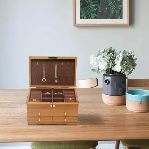 Vista 2 de Joyeros de madera, 3 capas de madera, caja de almacenamiento grande de madera sin espejo, caja de almacenamiento de joyería de escritorio