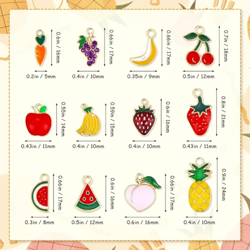 Vista 2 de JIALEEY 60 dijes de frutas chapados en oro surtidos esmaltados mezclados con manzana, plátano, piña, fresa, uva, melocotón, colgante, bricolaje