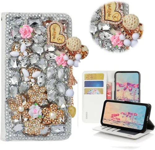 Vista 14 de Bling - Funda tipo cartera para teléfono compatible con Samsung Galaxy Z Fold 3 5G, elegante, hecha a mano, atrapasueños con colgante de perlas