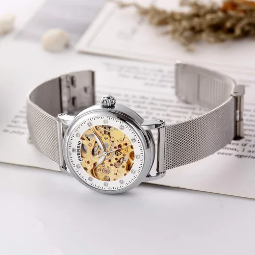 Vista 3 de RORIOS Reloj mecánico automático de las mujeres Auto-Winding Esqueleto Dial Correa de acero inoxidable Señoras Relojes de pulsera