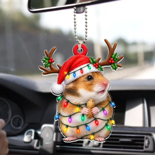 Vista 6 de Talataca Hámster con sombrero de Navidad, reno con cadena de luces 2D plano para espejo retrovisor para automóvil, accesorios para el árbol