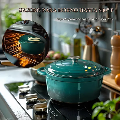 Vista 5 de Overmont - Horno holandés de hierro fundido esmaltado, de 4.5 QT, con tapa, libro de cocina (idioma español no garantizado) y agarraderas de verde