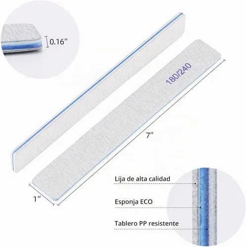Vista 2 de 25 limas de uñas rectangulares de grano 180/240 para uñas naturales, limas de uñas de doble cara para uñas