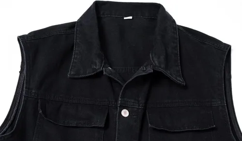 Vista 3 de Chaleco de mezclilla casual para hombre, chaqueta de mezclilla sin mangas, ajuste relajado, chaleco de solapa con botones B-Negro