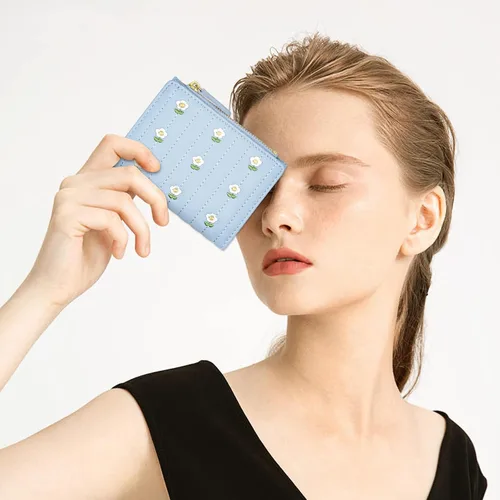 Vista 6 de YINHEXI Cartera con bloqueo RFID para mujer, pequeña, elegante y plegable para tarjetas para niñas, Azul bebé, Twee