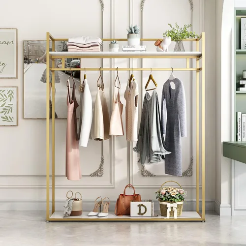 Vista 12 de Perchero de metal dorado con estante de madera, perchero resistente con ruedas para dormitorio, uso en boutiques minoristas (37.4 pulgadas de largo)
