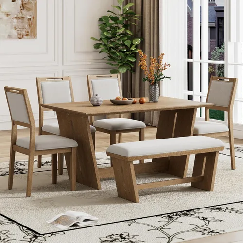 Vista 9 de Merax Juego de comedor retro de 6 piezas, 1 mesa rectangular con base de mesa trapezoidal estable y 4 sillas tapizadas y 1 banco para comedor