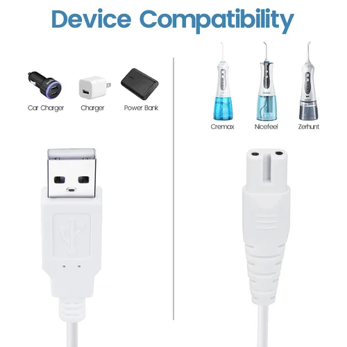 Vista 2 de Cable de carga para COSLUS, Mospro, Aquasonic, Nicefeel Water Flosser Blanco Cable de carga USB de repuesto