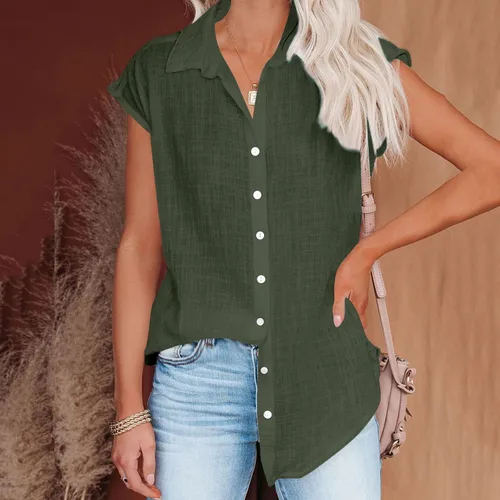 Vista 76 de Ceboyel Camisas para mujer de moda de verano, algodón, lino, manga corta, cuello con botones, blusa casual para mujer 2023