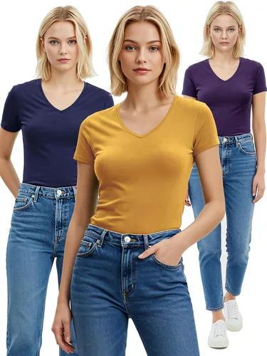 Vista 144 de Emmalise Camiseta de manga corta para mujer, cuello en V, tallas junior y plus