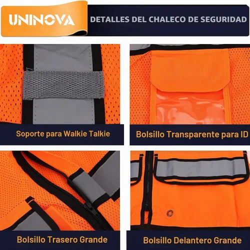 Vista 4 de Chaleco de seguridad reflectante para agrimensores para hombres, chaleco de seguridad de malla reflectante de clase 2 con bolsillos y cremallera
