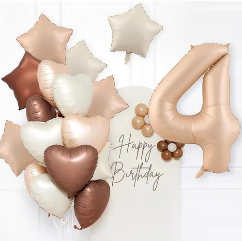 Vista 3 de Globos de 40 pulgadas con el número 4, 19 globos grandes de aluminio con número de helio con globos de corazón neutros color crema caramelo, beige