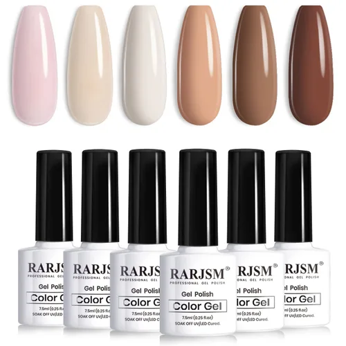 Vista 9 de RARJSM Juego de 6 esmaltes de uñas de gel, color marrón, café, vino, borgoña, nude, morado, rosa, champán, dorado, purpurina, para invierno, secado