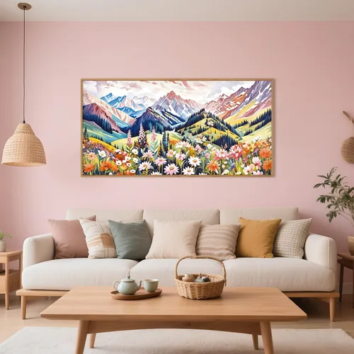 Vista 62 de Lienzo decorativo abstracto grande con marco naranja quemado, decoración de pared azul neutro y negro, arte moderno con pinceladas, impresión