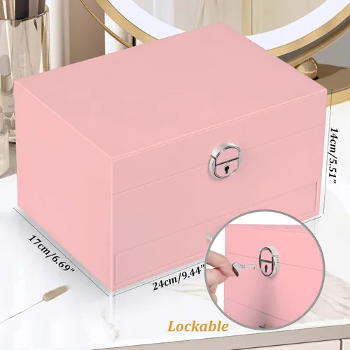 Vista 7 de QBestry Soporte para aretes para niñas, joyero para mujeres y niñas, organizador de aretes, caja organizadora de joyas con cerradura, caja